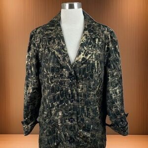 Chico's Women Retro Modern Artsy Black/Metallic Gold Owl Print Blazer Jacket Sz2